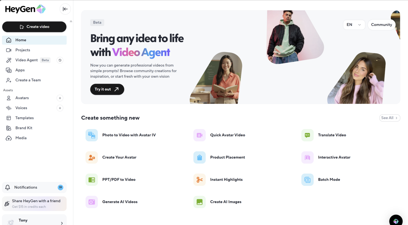 HeyGen editing studio dashboard with avatar preview